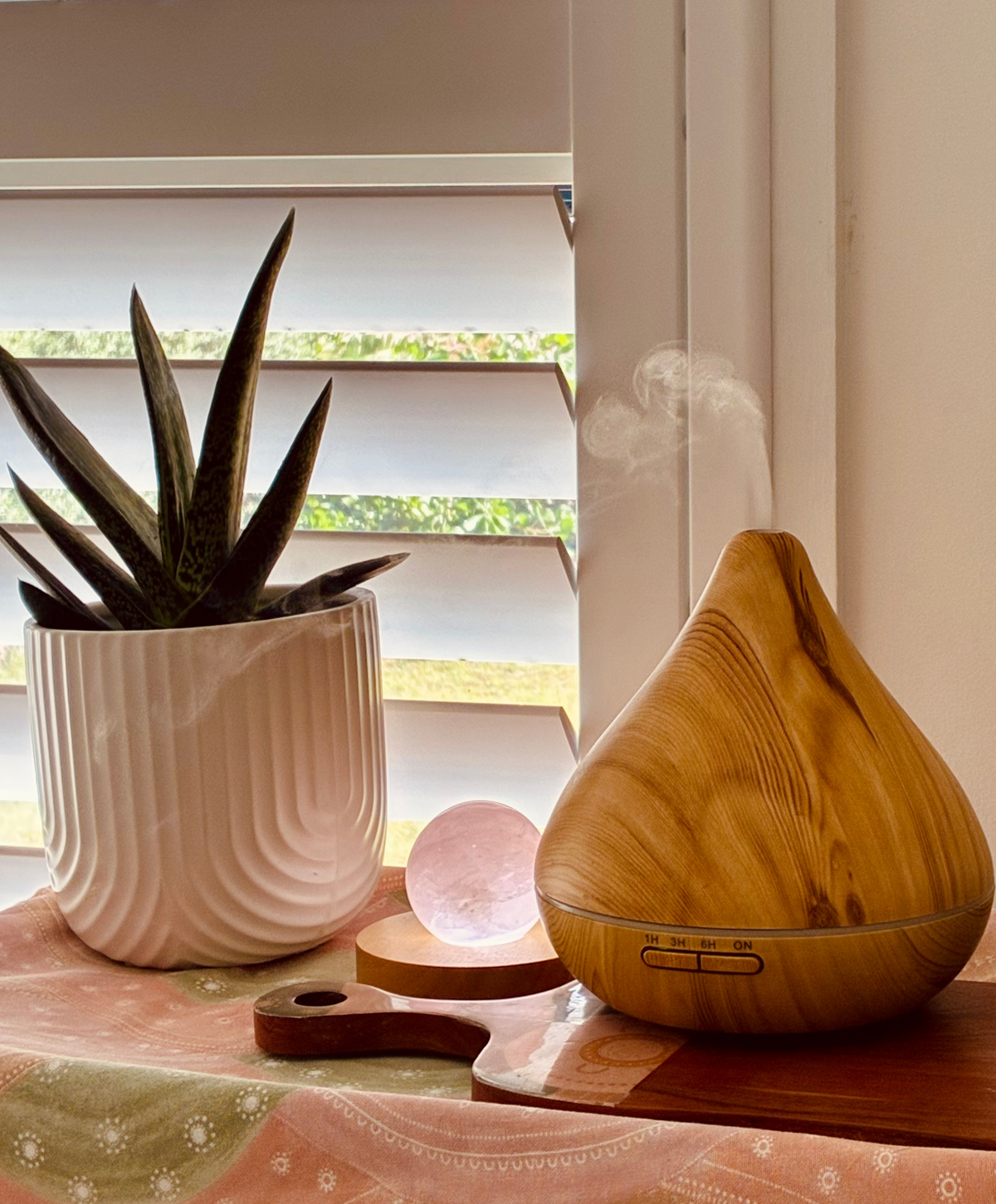 Oil diffuser with rose quartz and plant pot 