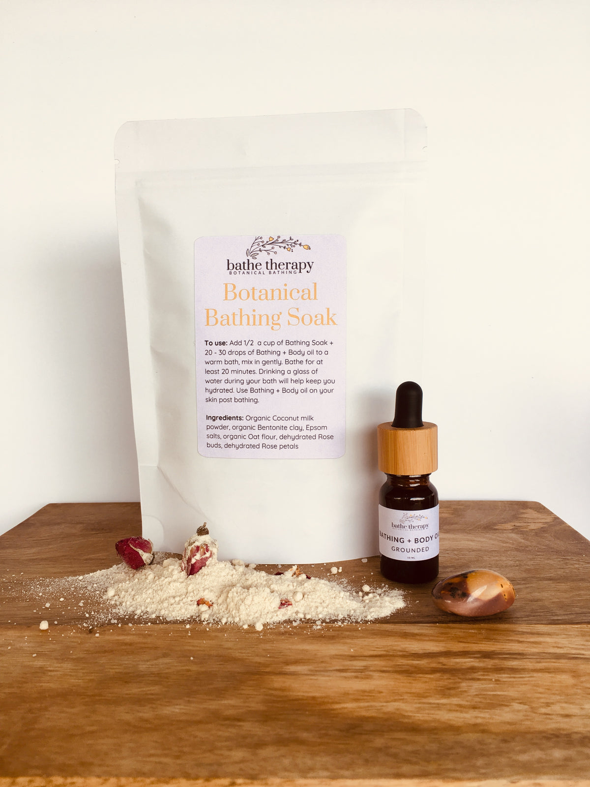 Vegan Organic bath soak with rose petals and aromatherapy bath oil 